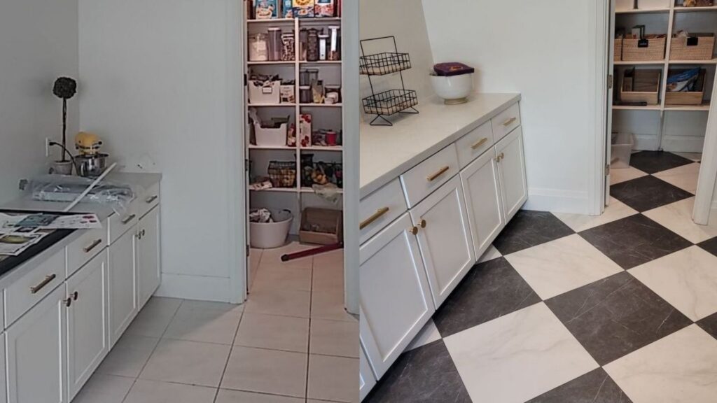 a before and after of a kitchen remodel services project with new flooring